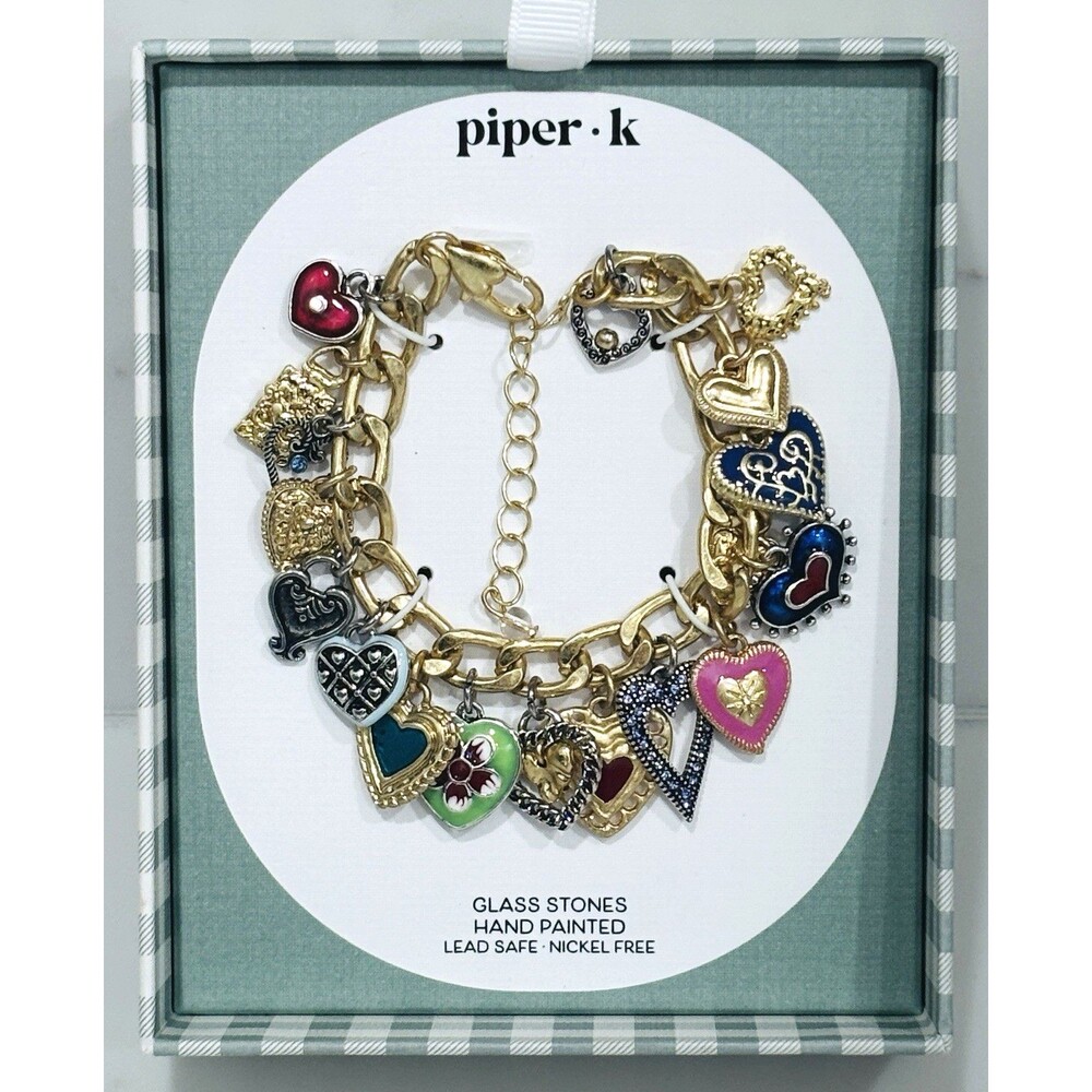 Piper K Heart Charm Bracelet Glass Stones Hand Painted Enamel Gold Tone NEW
